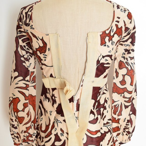 vintage 60s dress graphic print long hostess maxi gown empire waist XS African - Picture 7 of 8